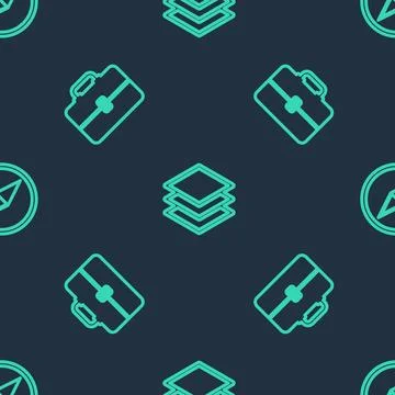 Set line Layers, Toolbox and Wind rose on seamless pattern. Vector Stock Illustration