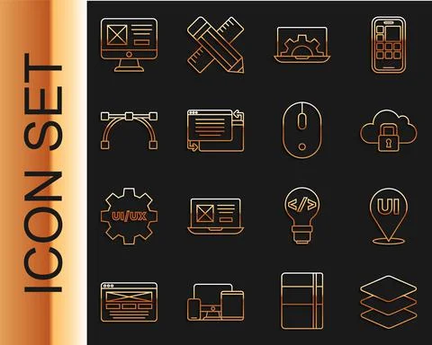 Set line Layers, UI or UX design, Cloud computing lock, Web development, Bezier Illustrazione stock