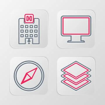 Set line Layers, Wind rose, Computer monitor screen and Medical hospital Stock Illustration