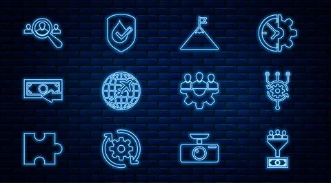 Set line Lead management, Algorithm, Mountains and flag, Globe with flying plane イラスト素材