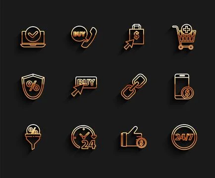 Set line Lead management, Clock 24 hours, Laptop, Hand holding coin, Buy button Stock Illustration