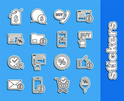 Set line Lead management, Hand holding coin, Buy button, Phone speech bubble Stock Illustration