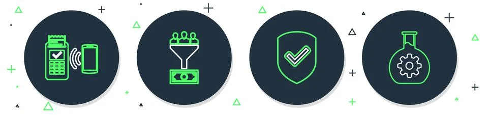 Set line Lead management, Shield with check mark, POS terminal and Bioengin.. Stock Illustration