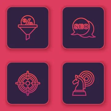Set line Lead management, Target, SEO optimization and Chess. Blue square button Stock Illustration