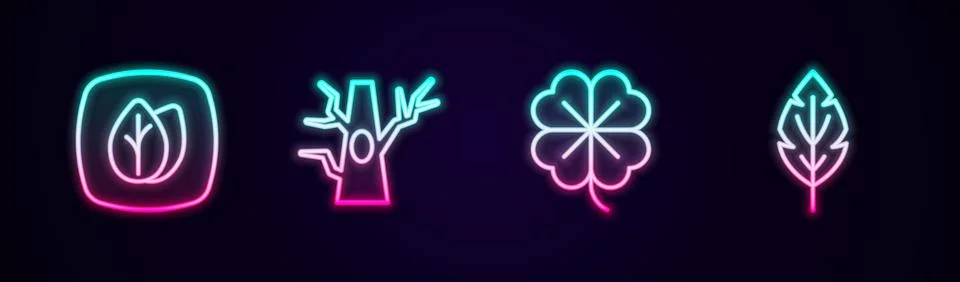 Set line Leaf, Bare tree, Four leaf clover and . Glowing neon icon. Vector Stock Illustration