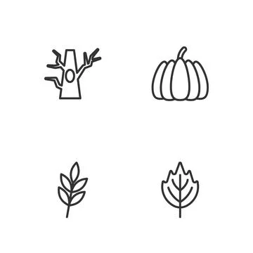 Set line Leaf, Bare tree and Pumpkin icon. Vector Stock Illustration