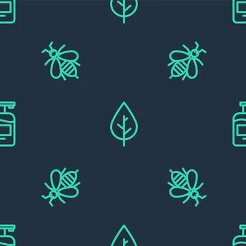 Set line Leaf, Bee and Bottle of liquid soap on seamless pattern. Vector Stock Illustration