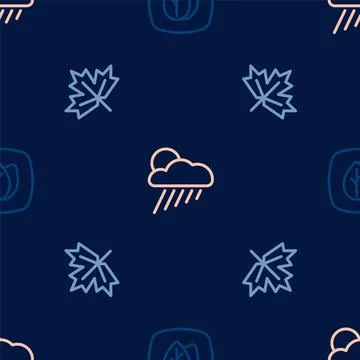 Set line Leaf, Canadian maple leaf and Cloud with rain and sun on seamless イラスト素材