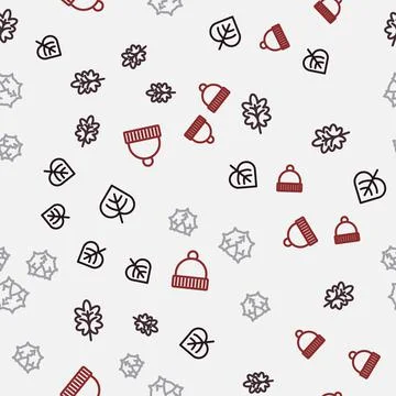 Set line Leaf, Chestnut and Winter hat on seamless pattern. Vector Stock Illustration