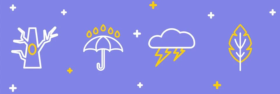 Set line Leaf, Cloud and lightning, Umbrella rain drops and Bare tree icon... Stock Illustration