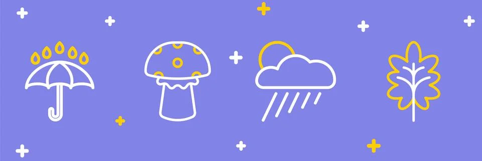 Set line Leaf, Cloud with rain and sun, Mushroom and Umbrella drops icon. V.. Stock Illustration
