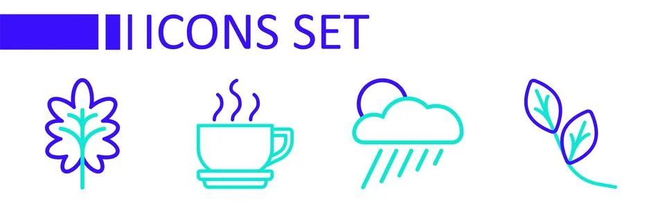 Set line Leaf, Cloud with rain and sun, Coffee cup and  icon. Vector Stock Illustration