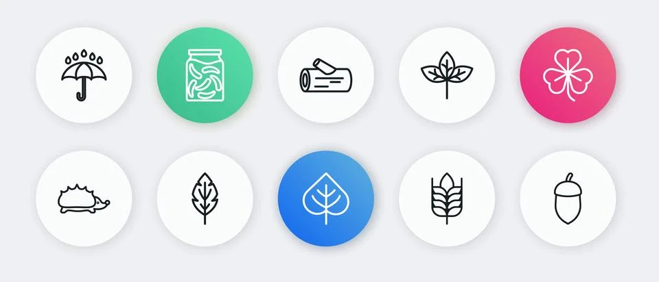 Set line Leaf, Clover, Hedgehog, Wheat, Wooden log, Acorn and  icon. Vector Stock Illustration