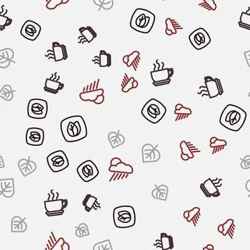 Set line Leaf, Coffee cup,  and Cloud with rain and sun on seamless pattern.  스톡 일러스트