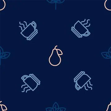 Set line Leaf, Coffee cup and Pear on seamless pattern. Vector 스톡 일러스트