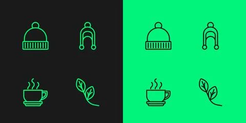 Set line Leaf, Coffee cup, Winter hat and  icon. Vector Stock Illustration