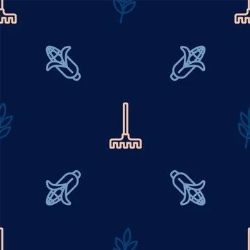 Set line Leaf, Corn and Garden rake on seamless pattern. Vector Stock Illustration