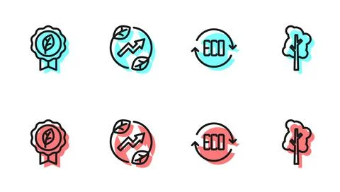 Set line Leaf Eco symbol, Electric saving plug in leaf and Tree icon. Vector Illustrazione stock