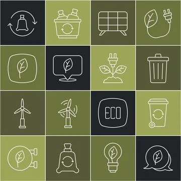 Set line Leaf Eco symbol, Recycle bin, Trash can, Solar energy panel, Location 库存插图