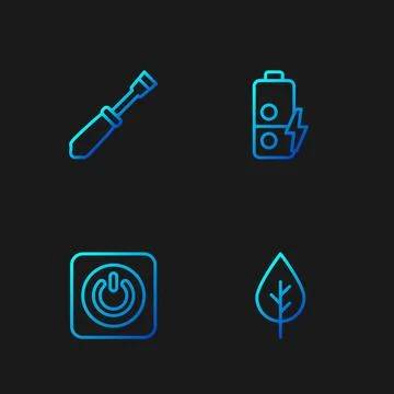 Set line Leaf Eco symbol, Power button, Screwdriver and Battery charge. Gradient Illustrazione stock