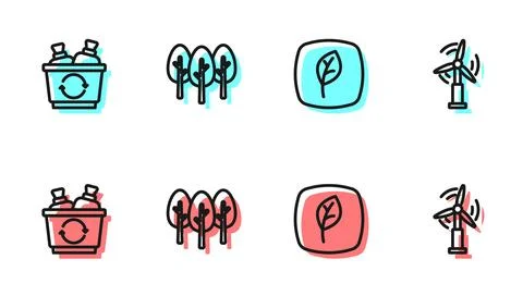 Set line Leaf Eco symbol, Recycle bin, Tree and Wind turbine icon. Vector Illustrazione stock