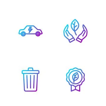 Set line Leaf Eco symbol, Trash can, Electric car and in hand. Gradient col.. Ilustración de archivo
