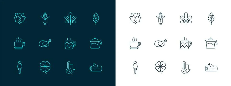 Set line Leaf, Four leaf clover, Cup of tea, Thermometer, Roasted turkey or.. 스톡 일러스트