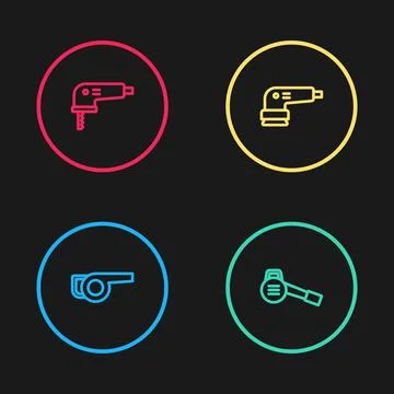 Set line Leaf garden blower, , Electric sander and jigsaw icon. Vector Stock Illustration