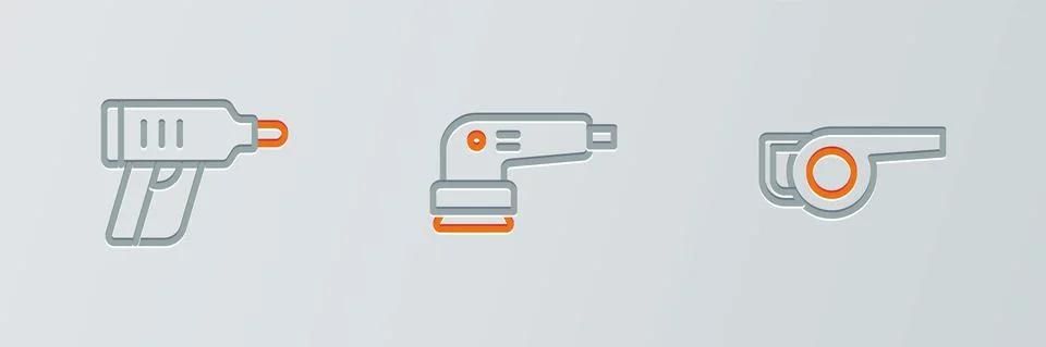 Set line Leaf garden blower, Electric cordless screwdriver and sander icon Stock Illustration