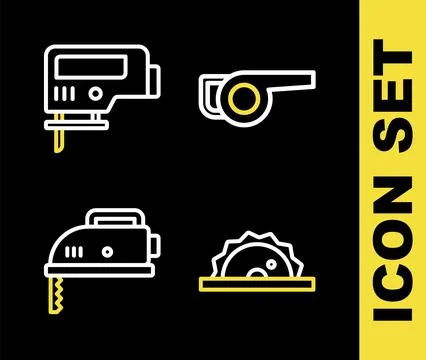 Set line Leaf garden blower, Electric circular saw, jigsaw and  icon. Vector Stock Illustration