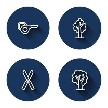 Set line Leaf garden blower, Tree, Gardening scissors and  with long shadow.. Illustrazione stock