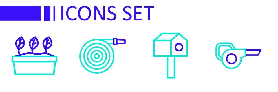 Set line Leaf garden blower, Bird house, Garden hose and Plant in pot icon... Stock Illustration