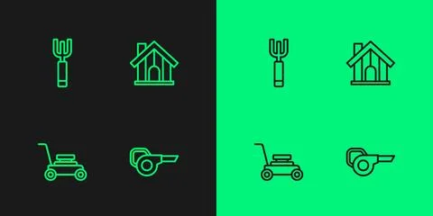 Set line Leaf garden blower, Lawn mower, Garden pitchfork and Farm house ic.. Stock Illustration