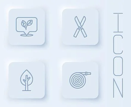 Set line Leaf, Gardening scissors, Tree and hose. White square button. Vector Stock Illustration