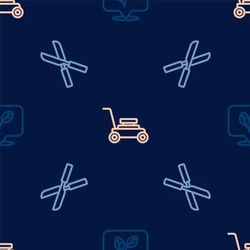 Set line Leaf, Gardening scissors and Lawn mower on seamless pattern. Vector 库存插图