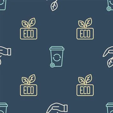 Set line Leaf in hand, Eco symbol and Recycle bin on seamless pattern. Vector Illustrazione stock