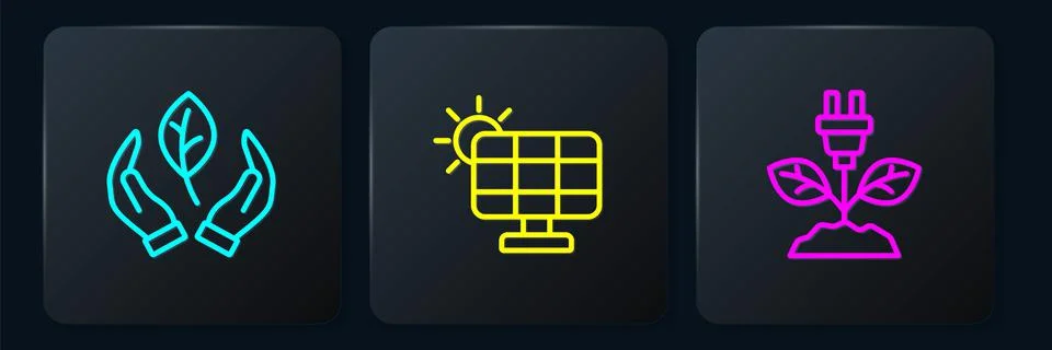 Set line Leaf in hand, Electric saving plug leaf and Solar energy panel. Black Stock Illustration