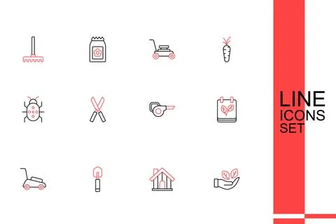 Set line Leaf in hand, Farm house, Garden trowel spade or shovel, Lawn mowe.. Stock Illustration
