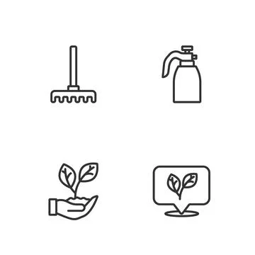 Set line Leaf, in hand, Garden rake and sprayer for water icon. Vector Stock Illustration