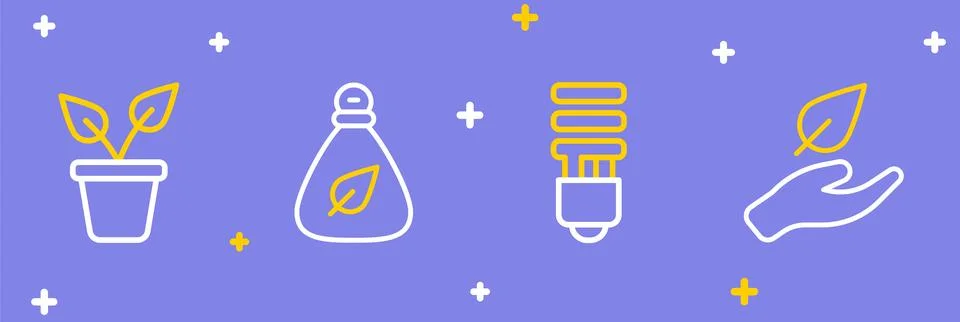Set line Leaf in hand, LED light bulb, Garbage bag and Plant pot icon. Vector Stock Illustration