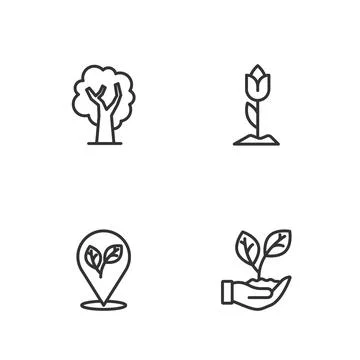 Set line Leaf in hand, Location with leaf, Tree and Flower tulip icon. Vector Stock Illustration