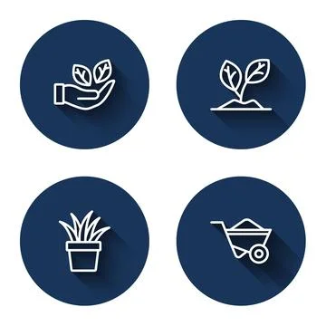 Set line Leaf in hand, Sprout, Plant pot and Wheelbarrow with long shadow. .. Stock Illustration
