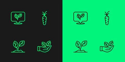 Set line Leaf in hand, Sprout,  and Carrot icon. Vector イラスト素材