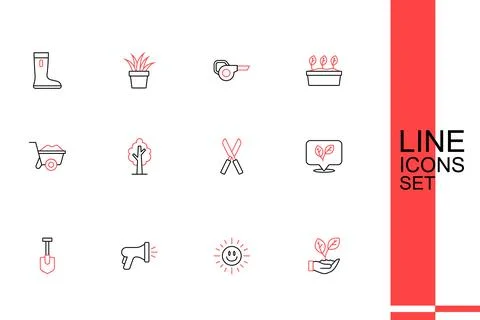 Set line Leaf in hand, Sun, Garden hose, Shovel, Gardening scissors, Tree a.. Illustrazione stock