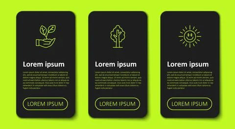 Set line Leaf in hand, Tree and Sun. Business infographic template. Vector Illustrazione stock