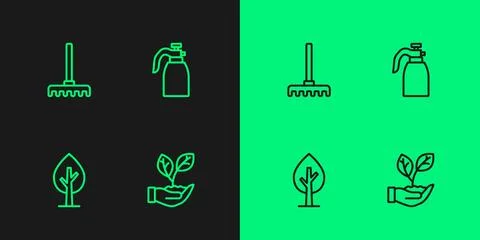 Set line Leaf in hand, Tree, Garden rake and sprayer for water icon. Vector Stock Illustration