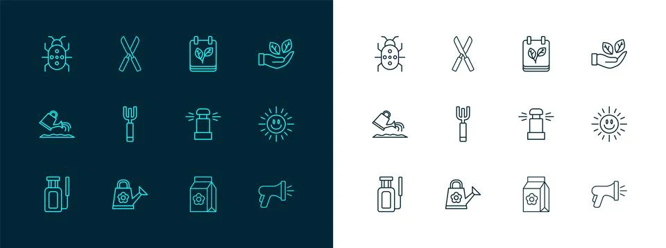 Set line Leaf in hand, Watering can, Automatic irrigation sprinklers, Pack .. Stock Illustration