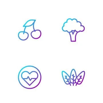 Set line Leaf, Heart rate, Fresh berries and Broccoli. Gradient color icons.. Stock Illustration