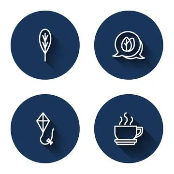 Set line Leaf, Kite and Coffee cup with long shadow. Blue circle button. Vector Illustrazione stock