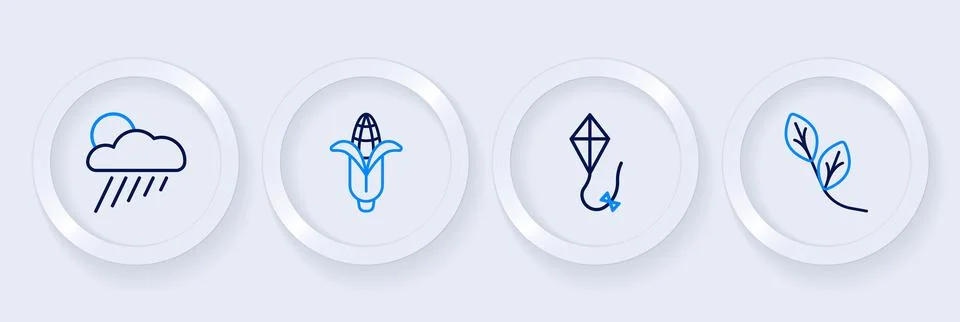 Set line Leaf, Kite, Corn and Cloud with rain and sun icon. Vector Stock Illustration